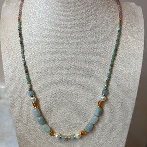 Genuine Aquamarine Turquoise Pearl Gemstone Necklace Stainless Steel